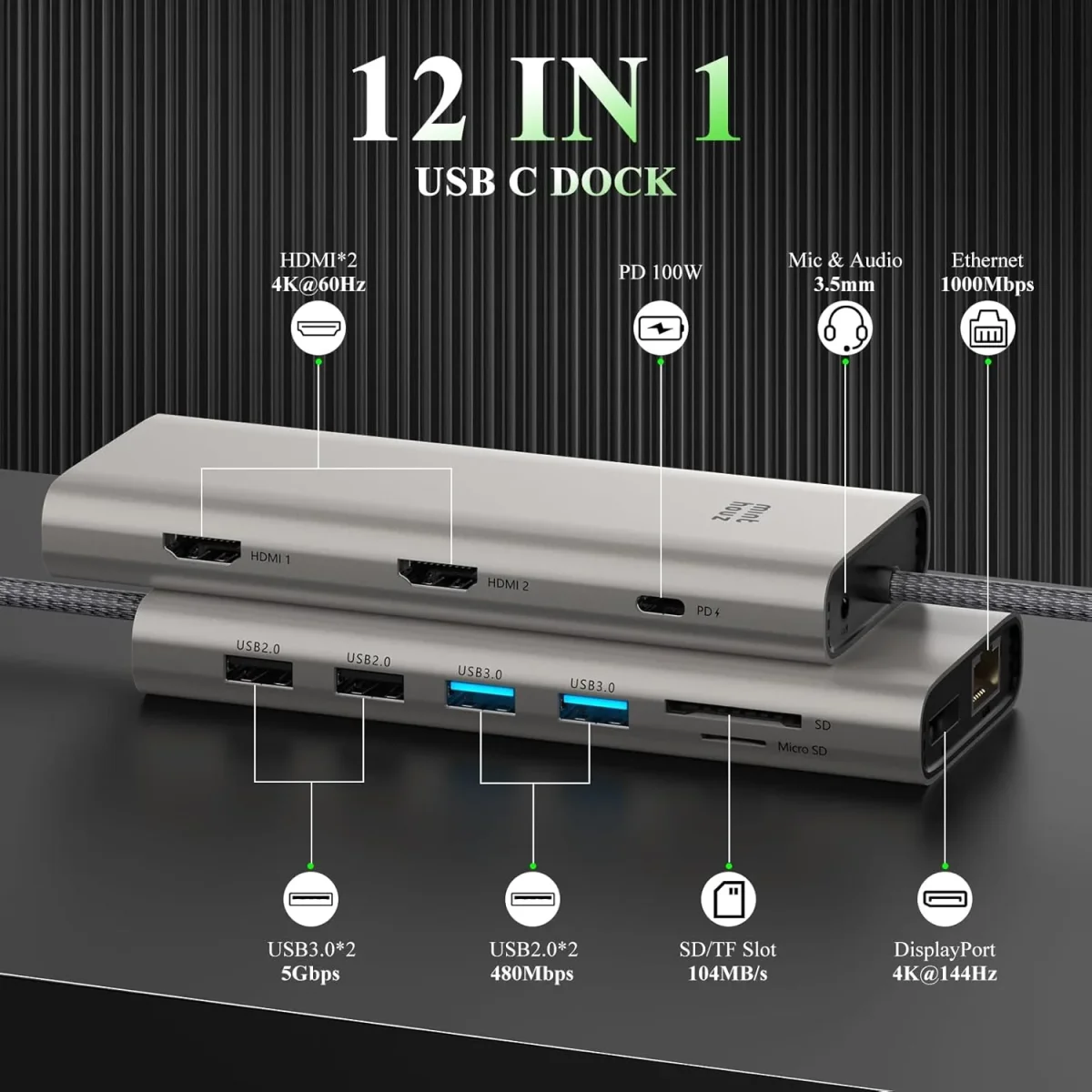 Station d'accueil USB C à Triple écran pour HP, Lenovo et Dell, Station d'accueil Minthouz 12 en 1 avec Double HDMI+DP 4K, PD 100 W, Adaptateur multiport 4*USB Ethernet/SD/TF/3,5mm – Image 3